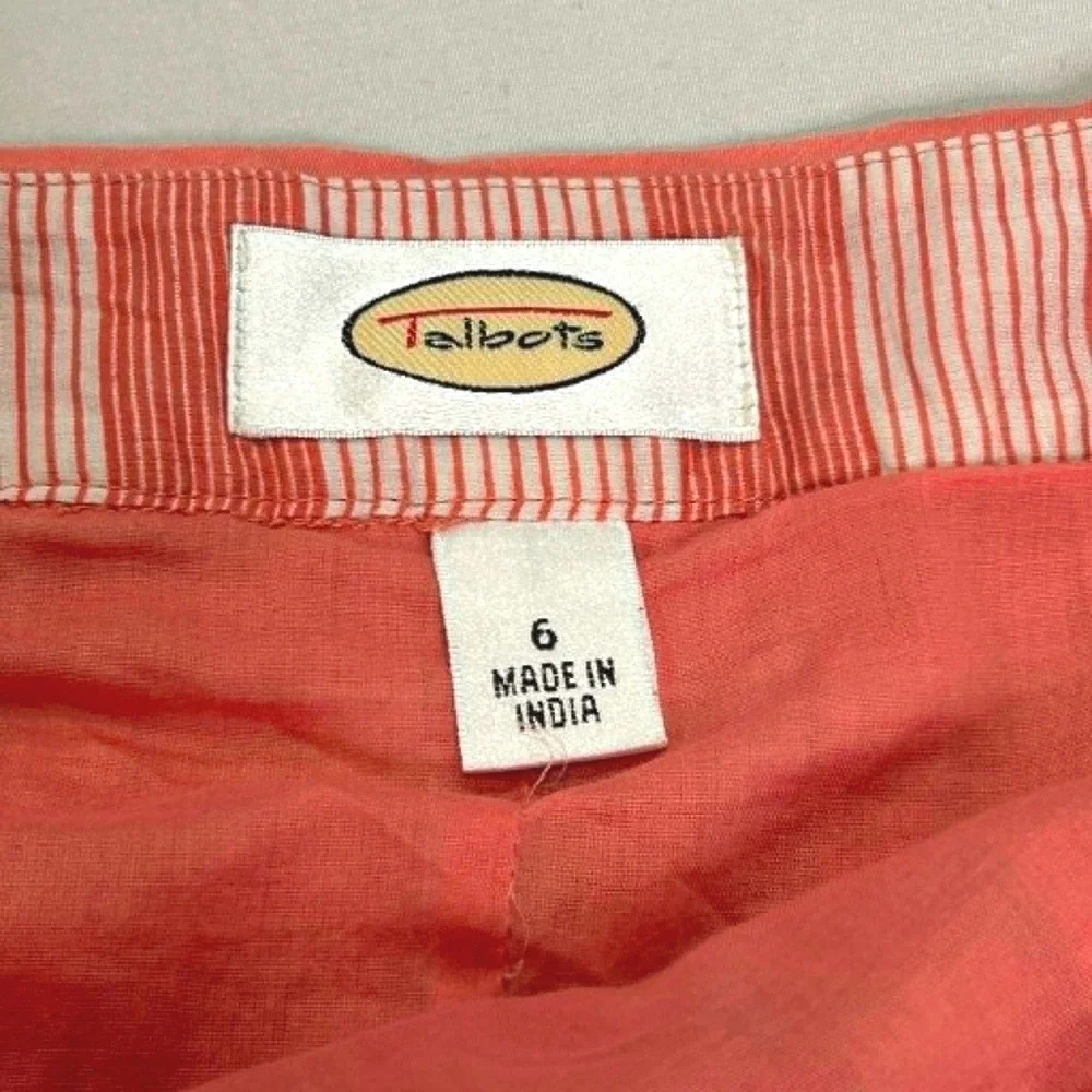 Talbots Women Coral Cream Plaid Pleated A-Line Skirt Size 6 Lined Side Zip